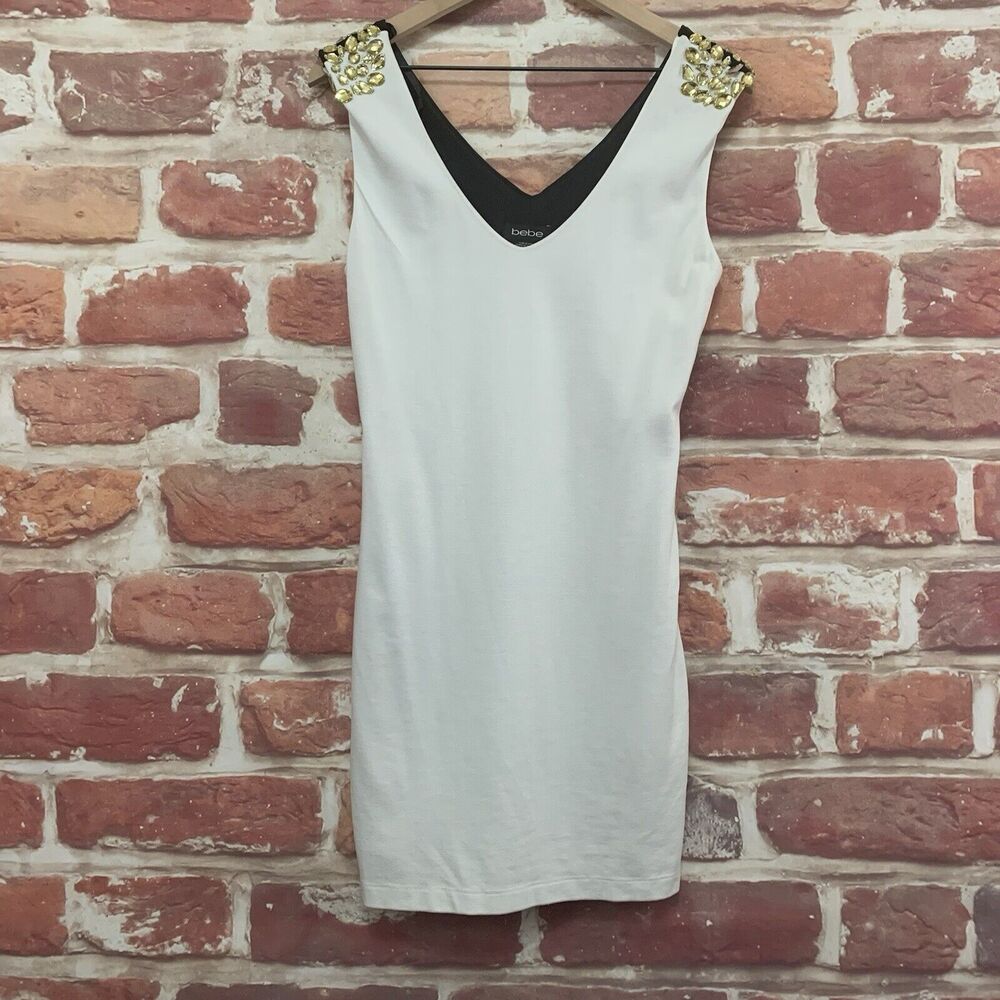 Bebe Dress Women's Medium White Black Jeweled Accent Open Back Sleeveless